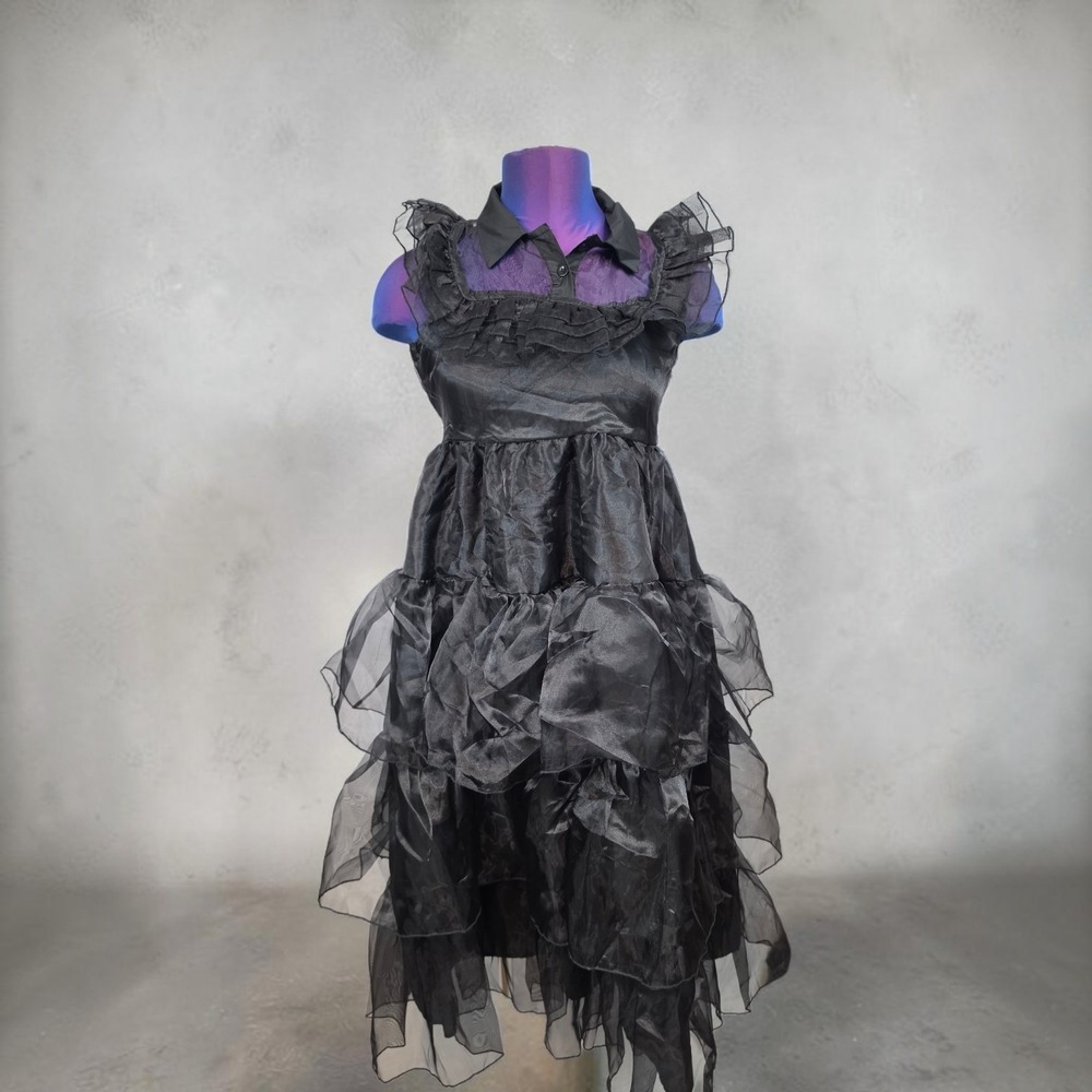 Girls Black Gothic Tiered Ruffle Dress Sheer Organza Halloween Size 12